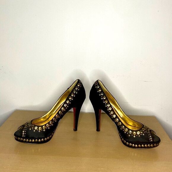 🌷le Chateau🌷Gorgeous Black Rhinestone Studded Pumps With Red Sole Gold Insole  - Picture 6 of 9